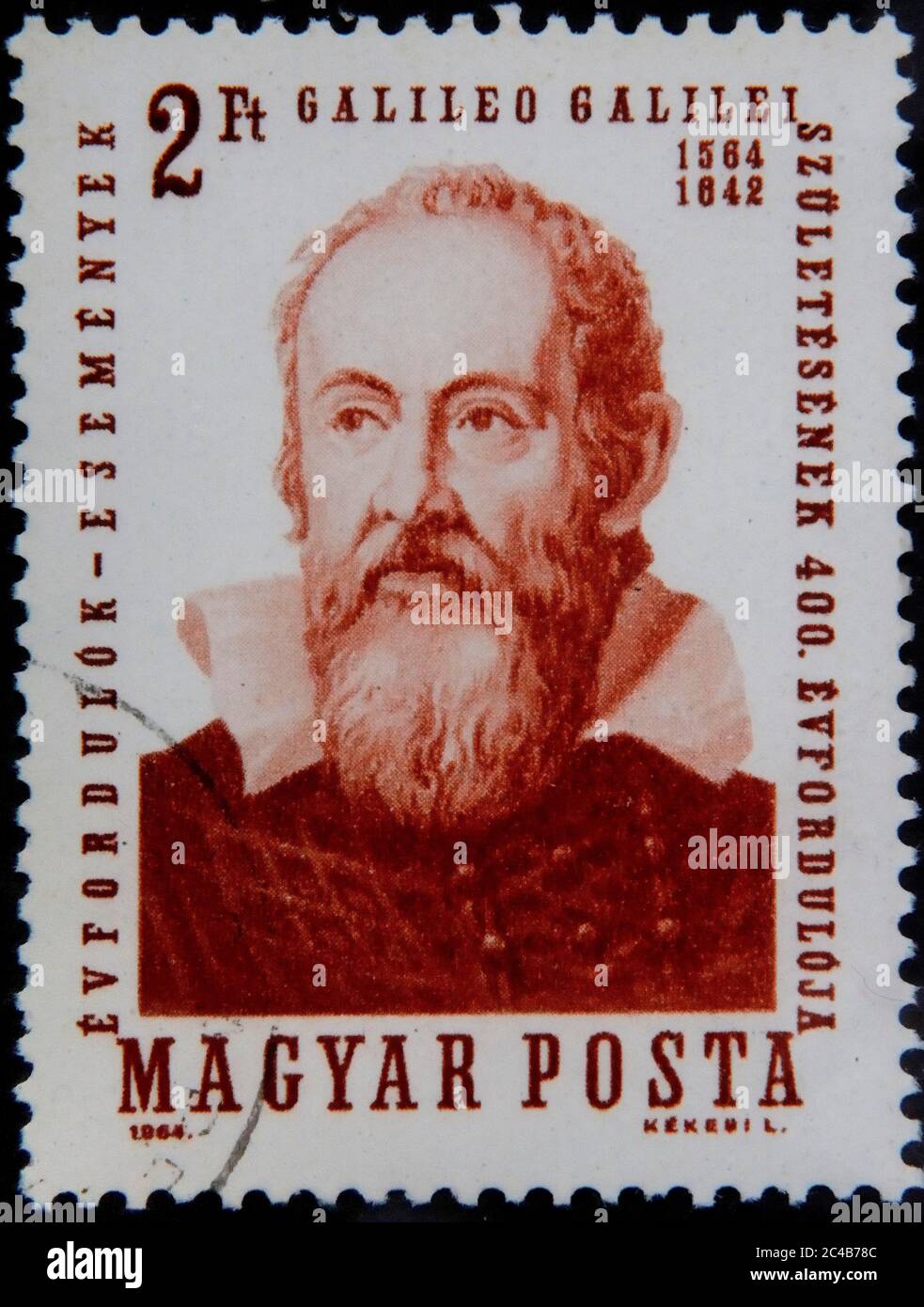 Galileo Galilei, 1564-1642, astronome italien, mathématicien, physicien, philosophe et professeur, portrait sur timbre hongrois, Hongrie Banque D'Images