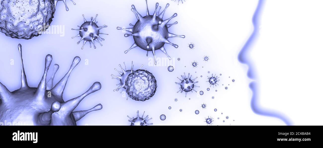 Vue microscopique des cellules du virus de l'influenza. Illustration médicale tridimensionnelle Banque D'Images
