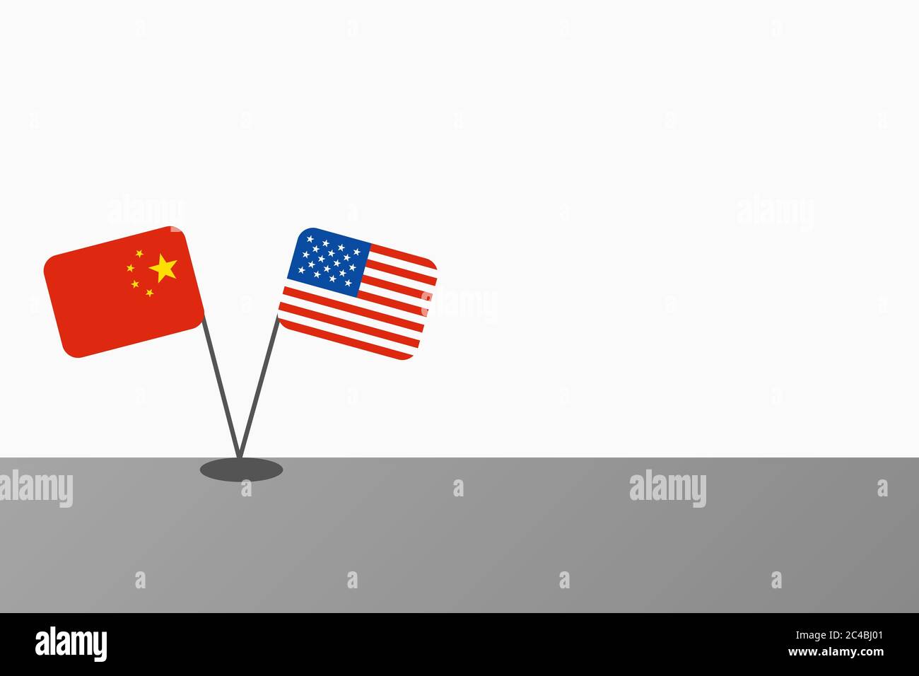 Illustration de drapeaux chinois et américains à la table se croisant l'un l'autre sur fond blanc avec espace de copie Banque D'Images