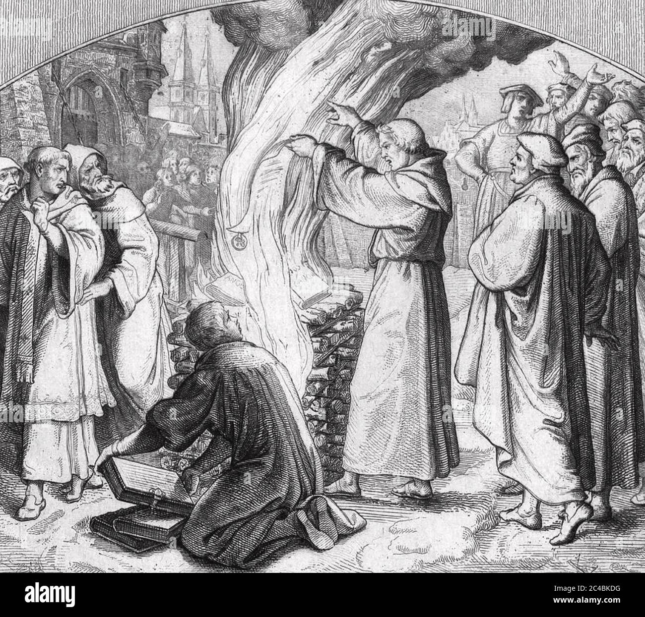 MARTIN LUTHER brûlait le taureau papal Exsurge Domine à Wittenberg le 10 décembre 1520 Banque D'Images