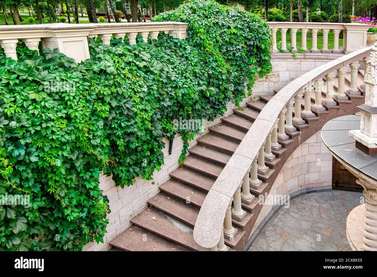 escalier en granit avec des rampes et balustrades descendant le long d'un mur de pierre avec une plante verte curly dans un jardin avec des arbres. Banque D'Images