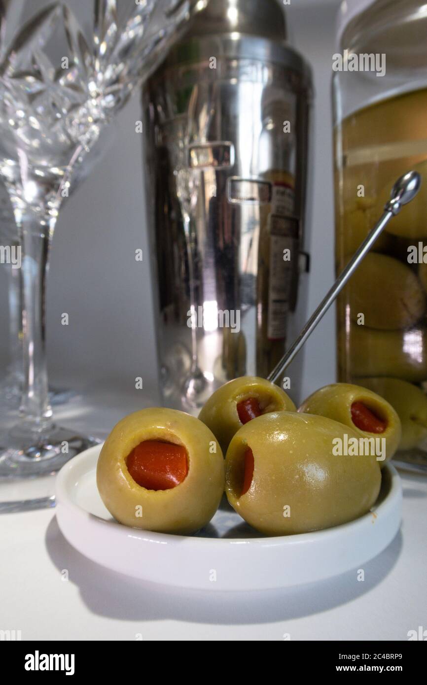 Olives cocktail farcies Pimento, Etats-Unis Banque D'Images