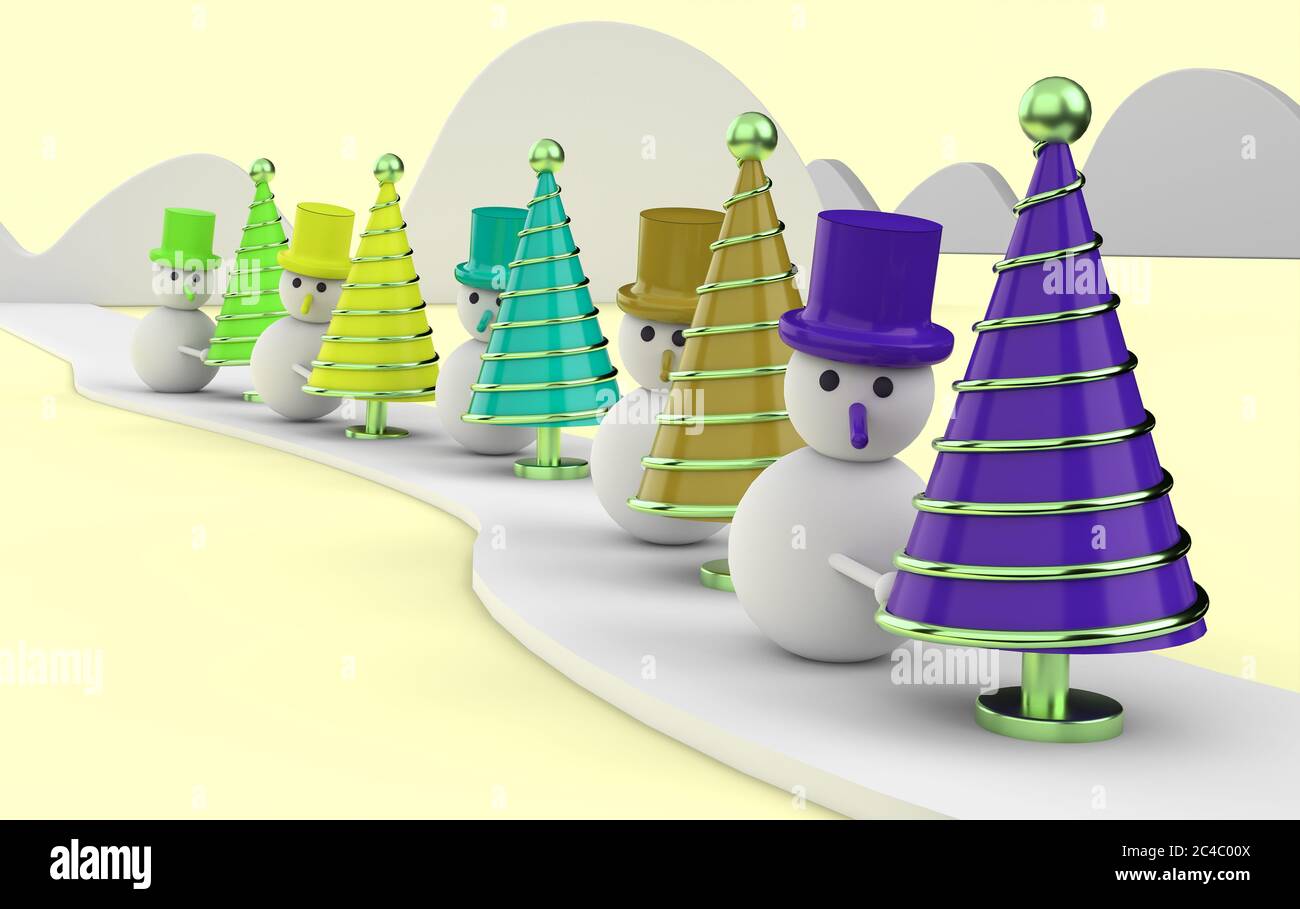 Carte postale Joyeux Noël . Bonhomme de neige blanc arbre de Noël . Rendu 3D . Illustration 3D Banque D'Images