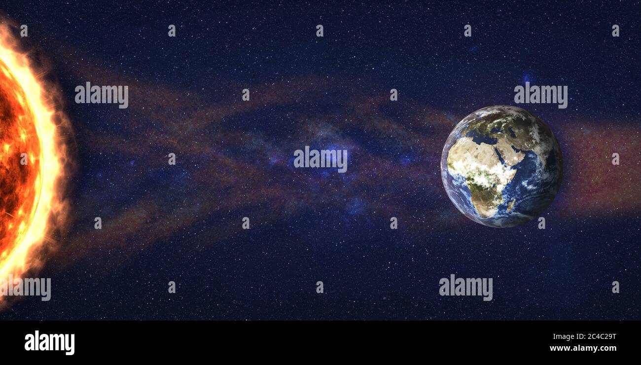 Tempête de soleil dans l'espace. Flux de rayonnement solaire vers la planète Terre. illustration de rendu 3d. Des éléments de cette image ont été fournis par la NASA Banque D'Images