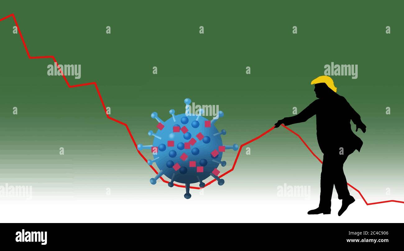 Un graphique boursier est en train de tomber sous le poids d'un coronavirus alors que Donald Trump prend sa charge pour aller chercher la ligne du graphique et la déplacer plus haut. Illustration de Vecteur