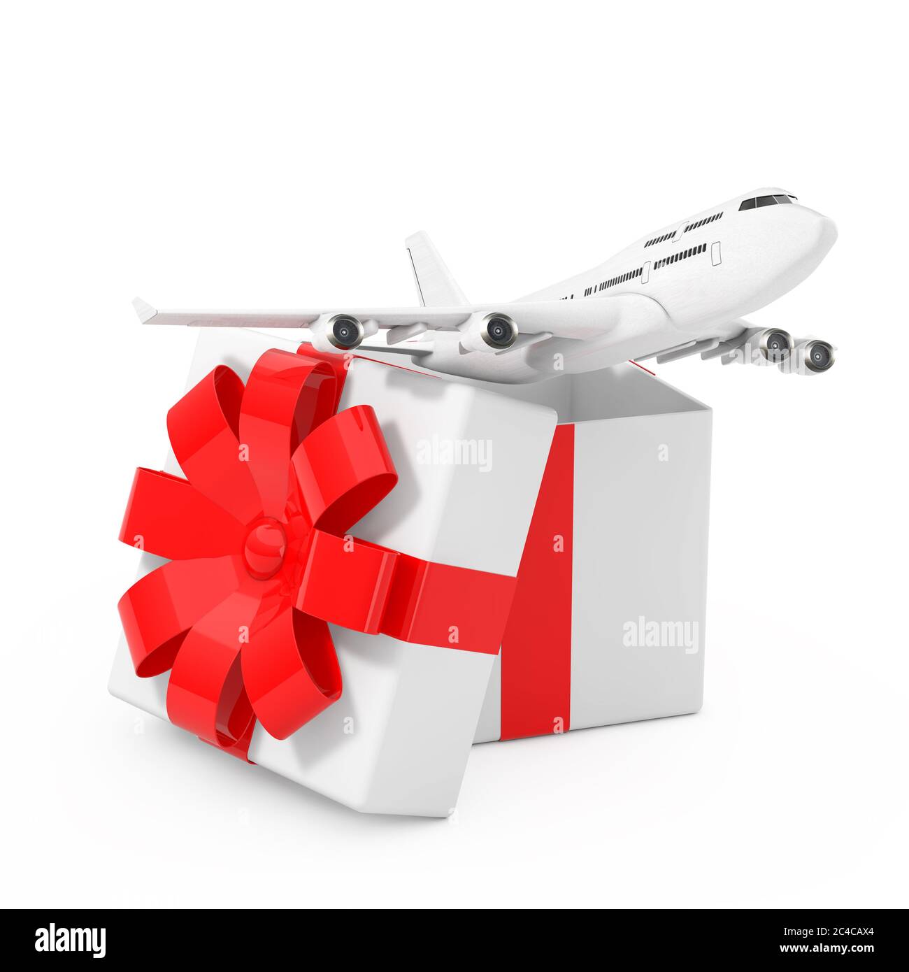 Passagers en avion blanc voler hors de la boîte cadeau avec ruban rouge et  noeud sur un fond blanc. Rendu 3d Photo Stock - Alamy