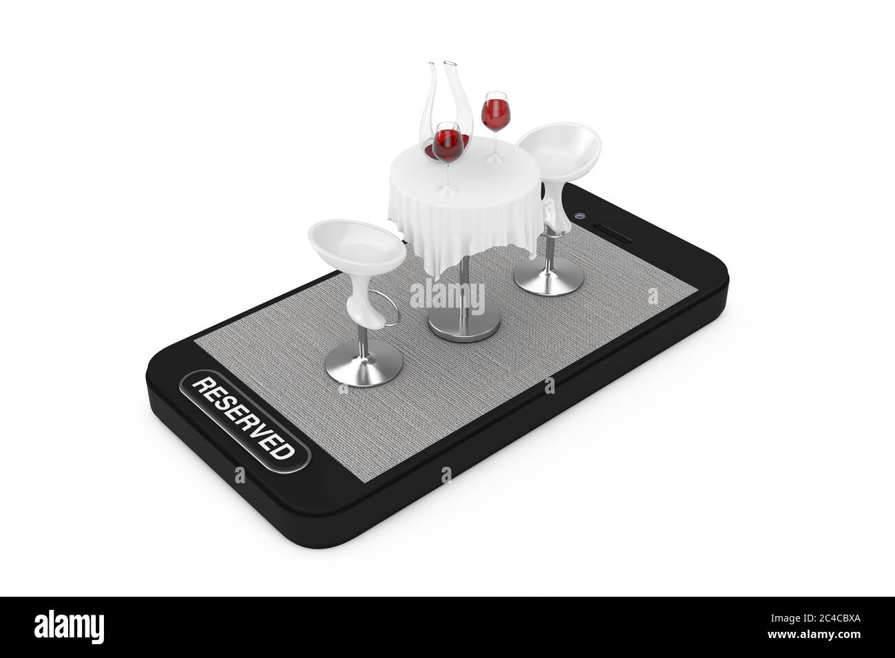 Table et chaises de restaurant avec vin rouge sur téléphone portable et bouton réservé sur fond blanc. Rendu 3d Banque D'Images