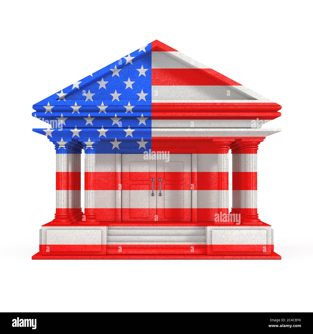 Façade de la banque, du tribunal ou du bâtiment du gouvernement avec drapeau américain sur fond blanc rendu 3d Banque D'Images