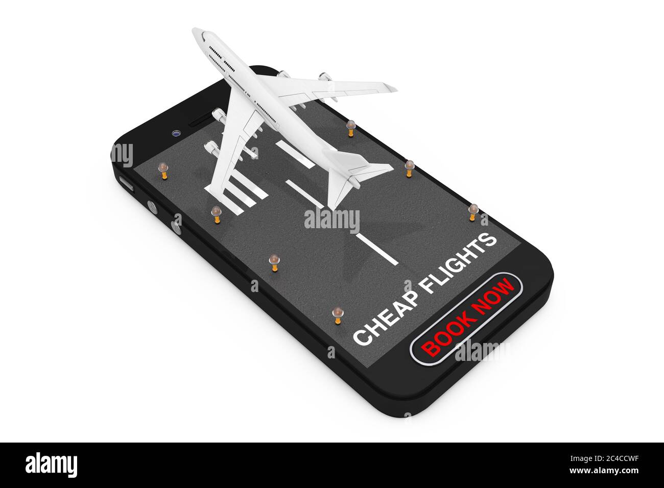 White Jet passager avion décollage de téléphone mobile avec piste, vols bon marché signer et réserver maintenant bouton sur fond blanc. Rendu 3d Banque D'Images
