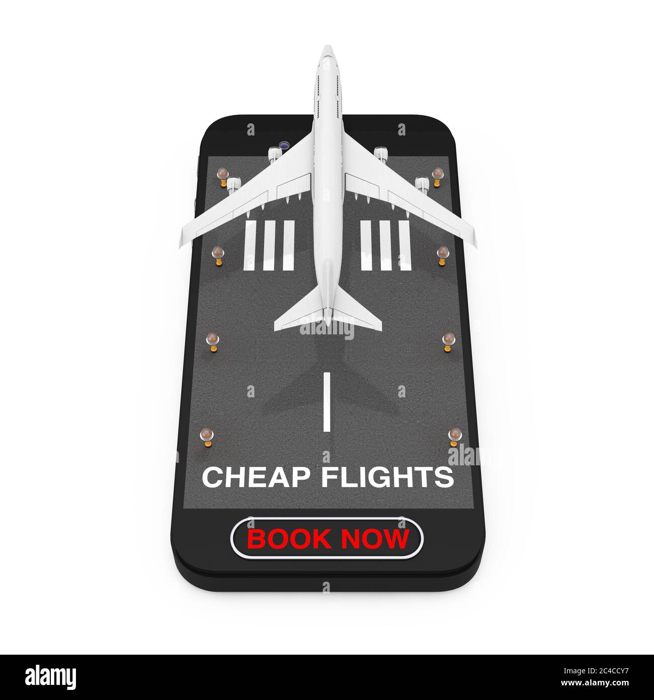 White Jet passager avion décollage de téléphone mobile avec piste, vols bon marché signer et réserver maintenant bouton sur fond blanc. Rendu 3d Banque D'Images
