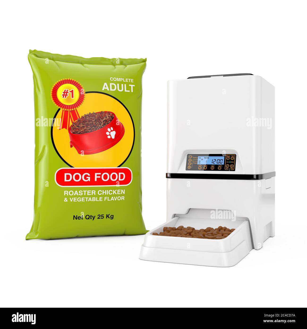 Sacs alimentaires pour chiens Designnear automatique électronique numérique PET stockage de nourriture sèche distributeur de repas sur un fond blanc. Rendu 3d Banque D'Images