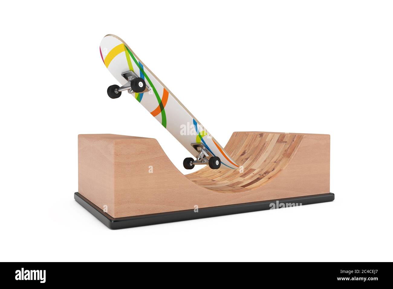 Skateboard moderne avec rampe Halfpipe en bois sur fond blanc. Rendu 3d Banque D'Images