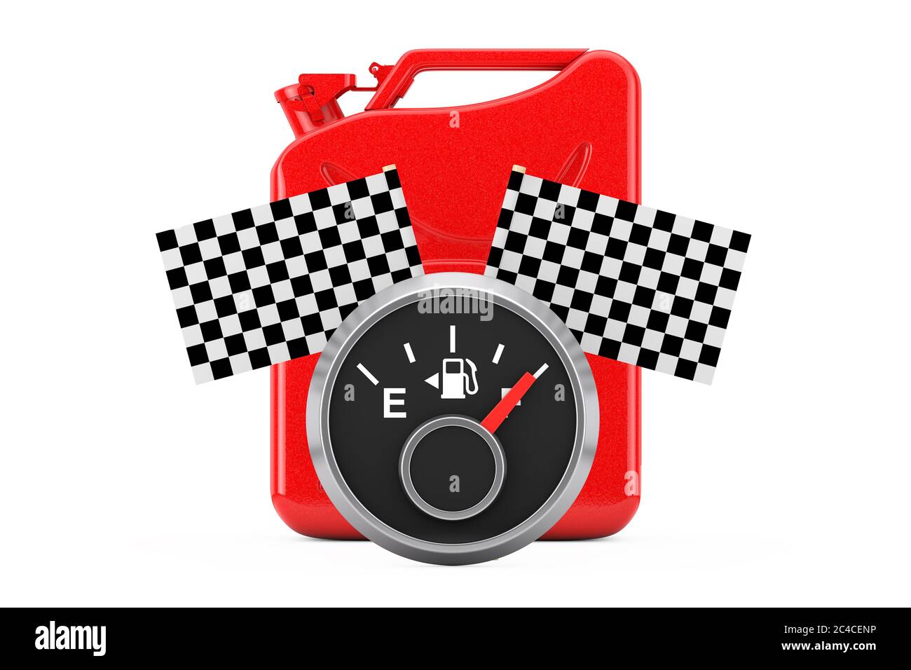 Jauge de tableau de bord de carburant montrant un réservoir plein devant le bidon de métal rouge avec drapeaux de course à carreaux sur fond blanc. Rendu 3d Banque D'Images