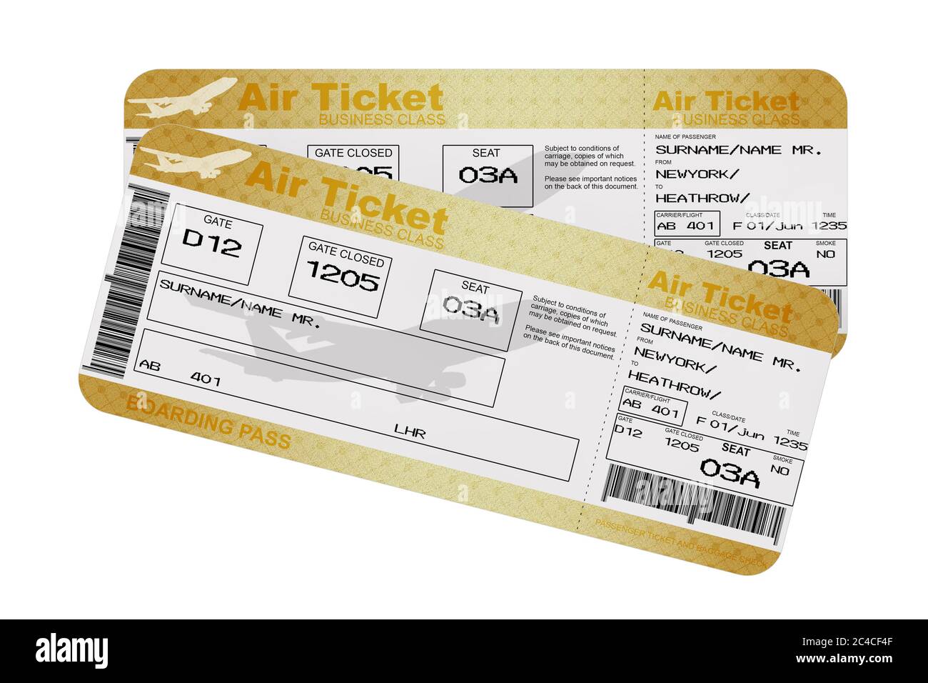 Golden Business ou First Class Airline Boarding Pass Fly Air tickets sur  fond blanc. Rendu 3d Photo Stock - Alamy