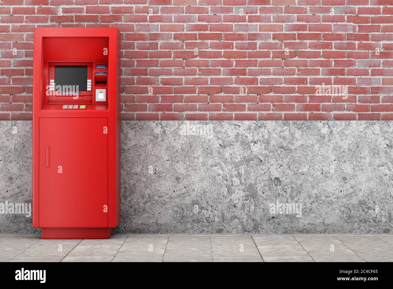 Distributeur automatique de billets Red Bank devant le mur en briques. Rendu 3d Banque D'Images