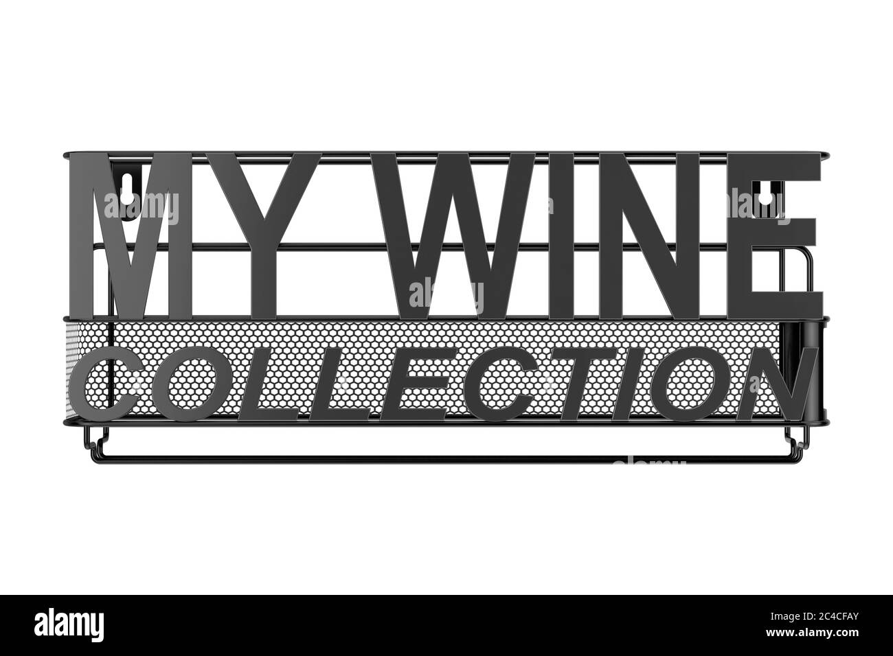 Étagère de stockage à vin suspendue murale en métal avec affiche Ma collection de vin sur fond blanc. Rendu 3d Banque D'Images
