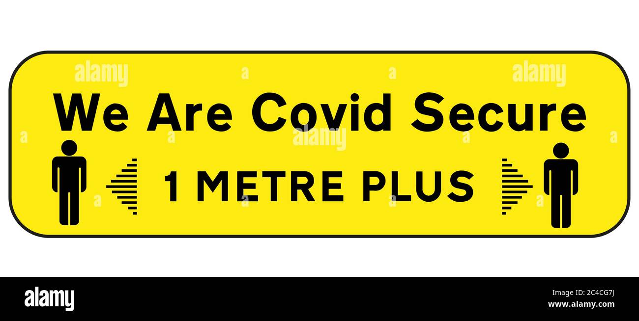 Veuillez garder votre distance sociale, nous sommes covid Secure Vector signe sur un fond blanc Illustration de Vecteur