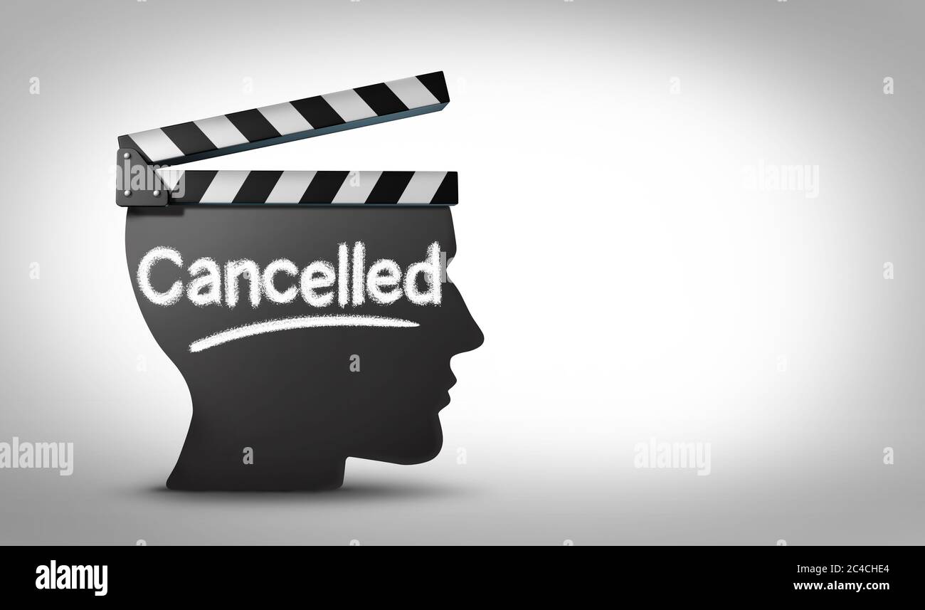 Symbole d'annulation de la culture de médias ou d'annulation culturelle et de censure des médias sociaux comme l'annulation ou la restriction des émissions annulées qui sont offensives. Banque D'Images
