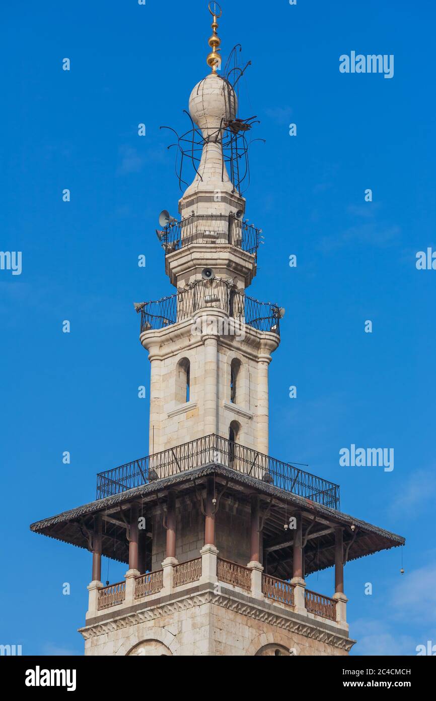 Grande mosquée, minaret mosquée Umayyad, Damas, Syrie Banque D'Images