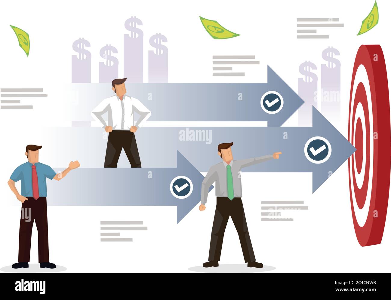 Les hommes d'affaires qui cherchent à atteindre leur objectif. Concept de cible d'objectif d'entreprise. Illustration vectorielle de personnage de dessin animé plat. Illustration de Vecteur
