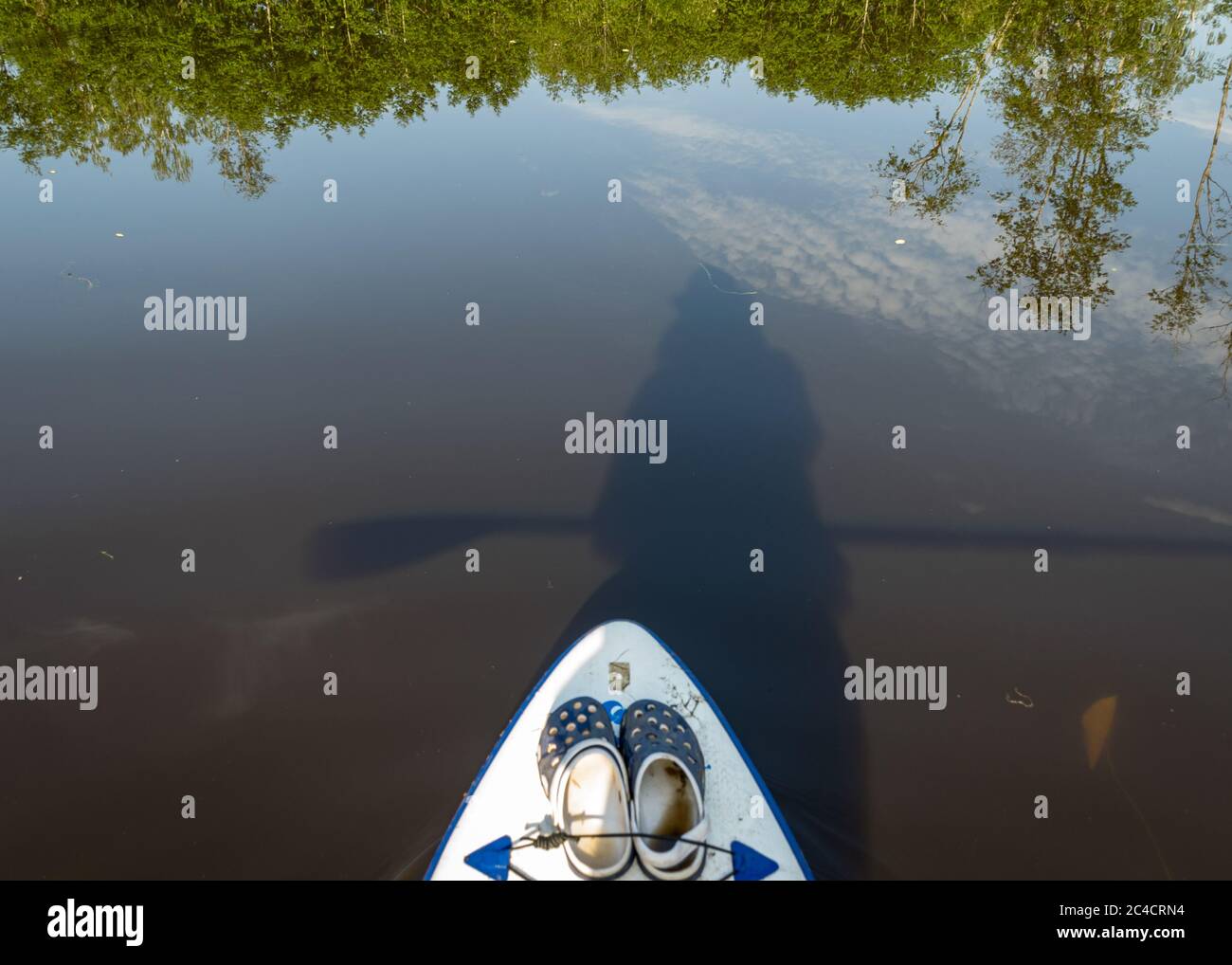vue depuis le paddle-board debout sur la rive d'une petite rivière sauvage, vue sur la rivière sauvage verte, réflexions dans l'eau de la rivière, été Banque D'Images