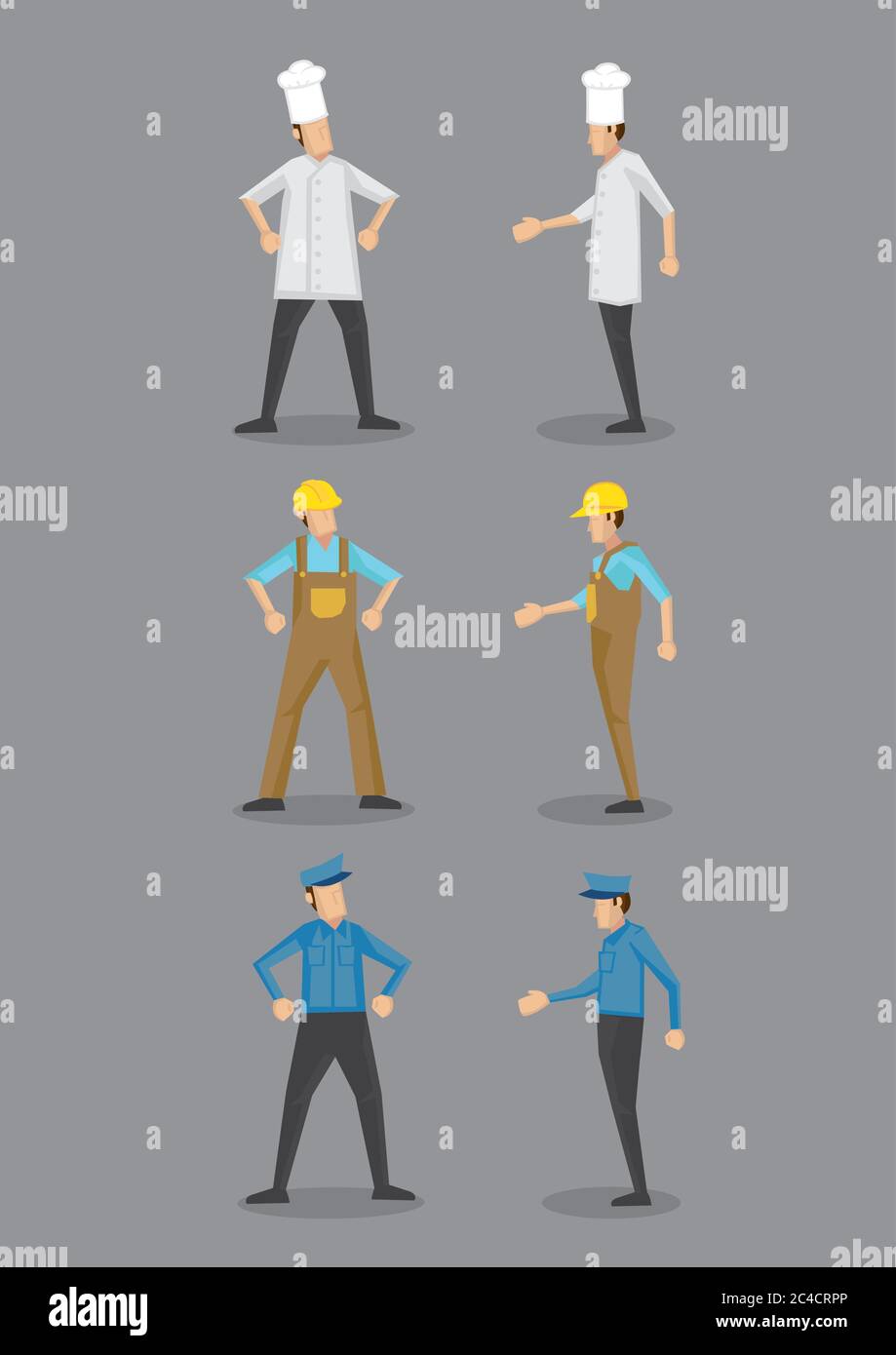 Personnages de dessin animé vectoriels représentant trois professions, chef, ouvrier de construction et gardien de sécurité en uniforme et en coiffures, debout devant et vue de profil. Illustration de Vecteur