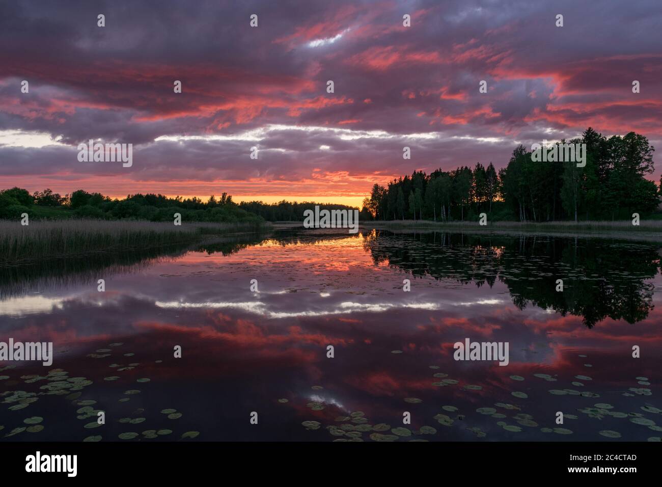 Les nuages du coucher du soleil se reflètent dans l'eau miroir calme du lac. Magnifique coucher de soleil avec des reflets sur le lac en arrière-plan. Coucher de soleil avec rouge à Banque D'Images