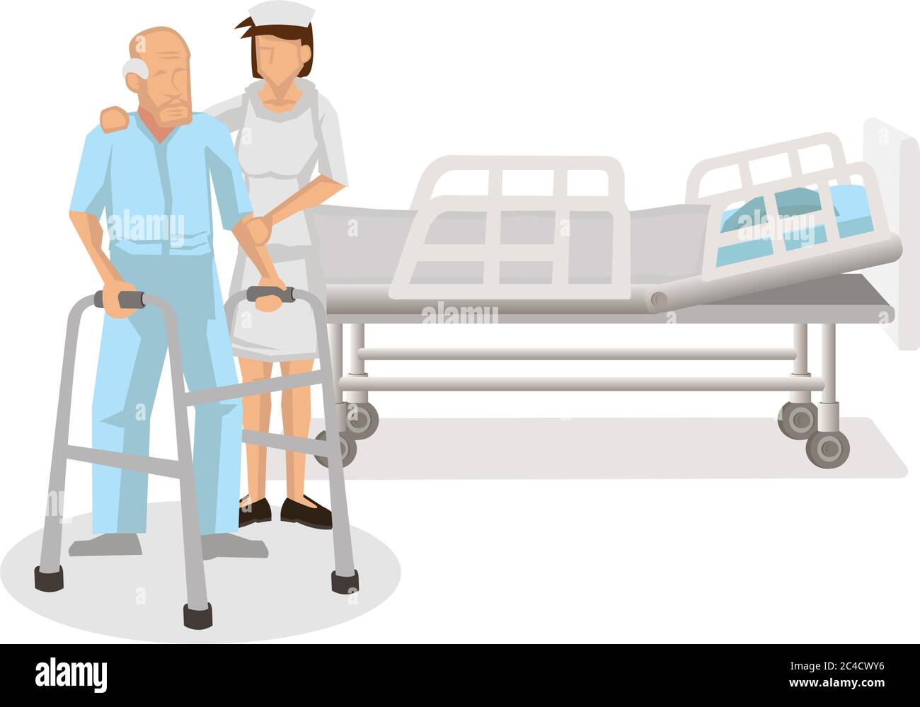 Infirmière aidant l'homme âgé à se déplacer à l'hôpital. Concept médical de soins de santé. Illustration vectorielle de personnage de dessin animé plat isolée sur un dos blanc Illustration de Vecteur