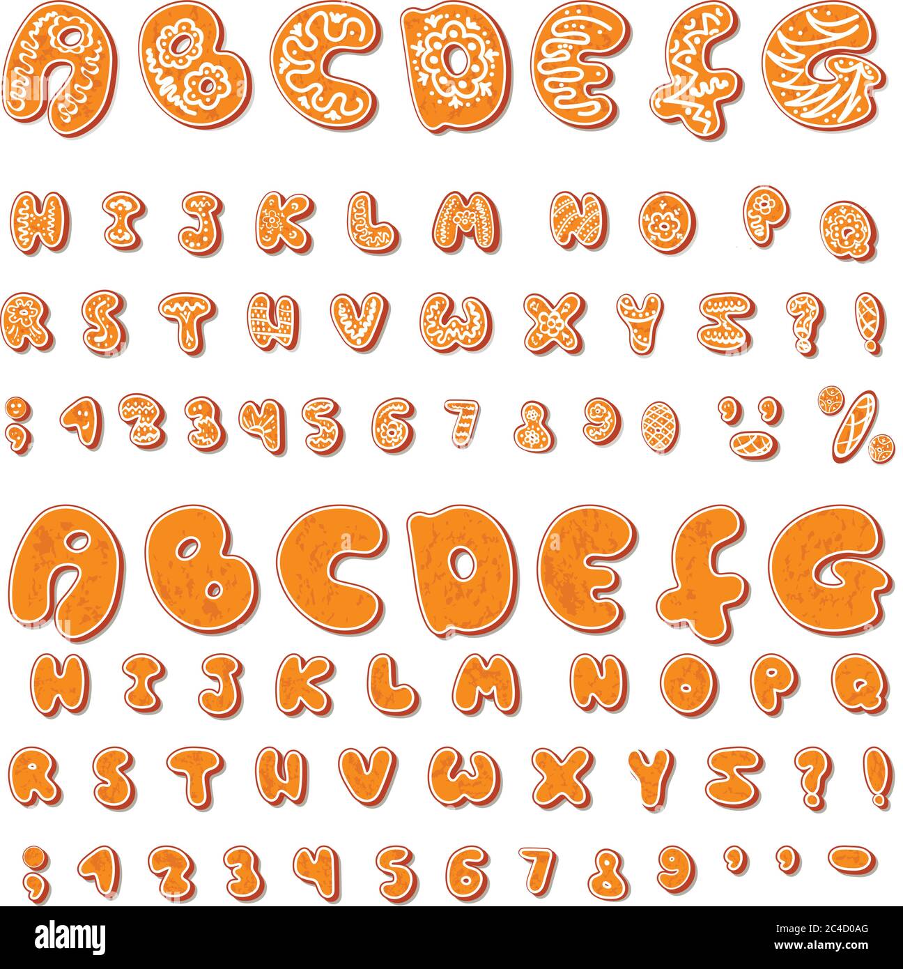 Deux ensembles de pain d'épice à l'alphabet vectoriel de Noël ou du nouvel an. Sets avec glaçure et sans. Majuscules isolées sur fond blanc. Illustration de Vecteur