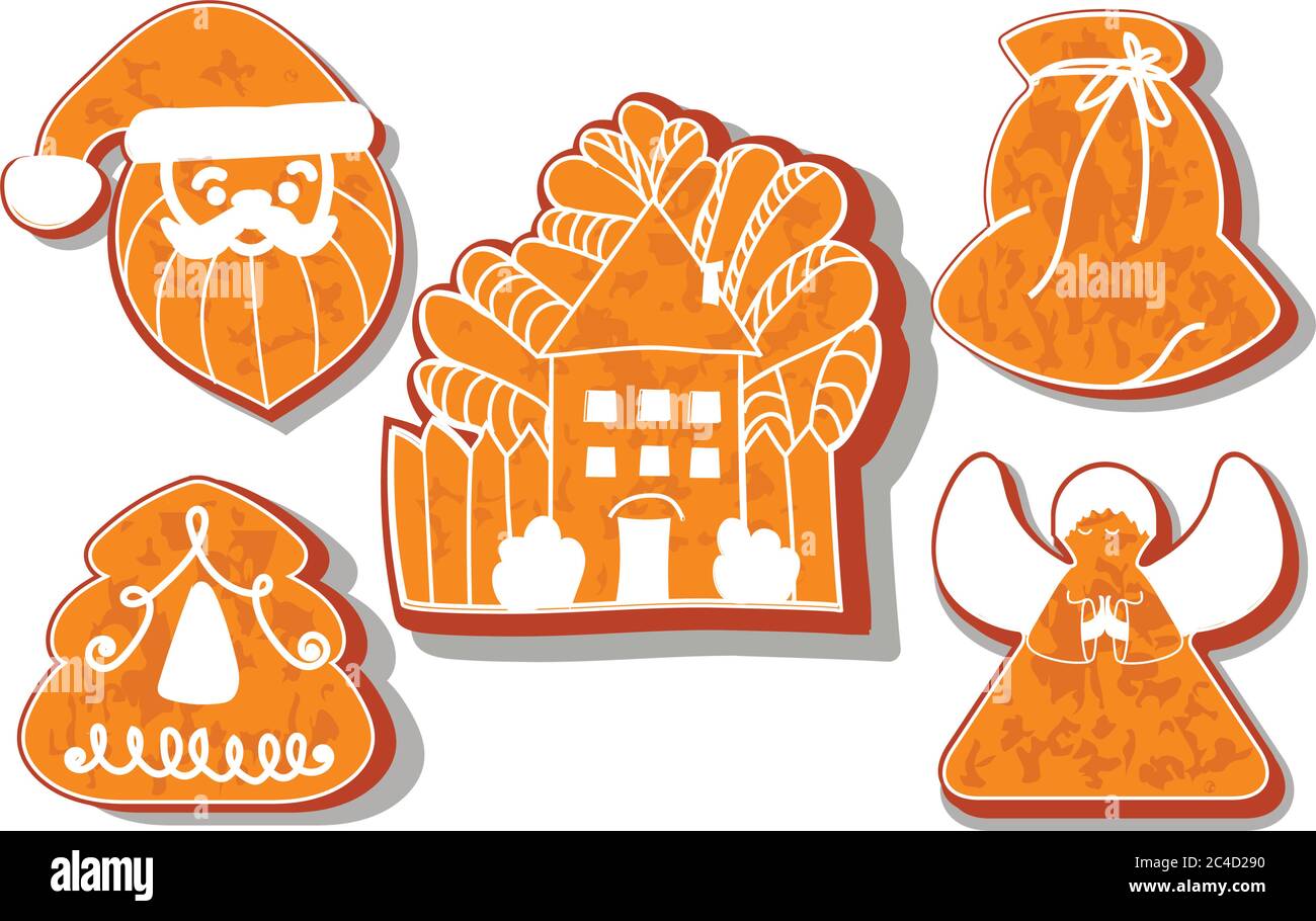 Ensemble de biscuits de Noël. Ensemble de différents biscuits au pain d'épice pour Noël. Noël pain d'épice personnages de Noël. Maison, arbre de Noël, Santa Illustration de Vecteur