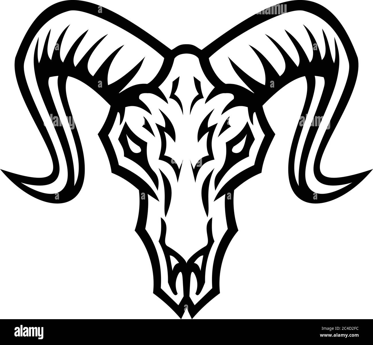 Illustration noire et blanche du crâne de mouton ou de bélier de Bighorn vu de l'avant sur un arrière-plan isolé dans un style rétro. Illustration de Vecteur
