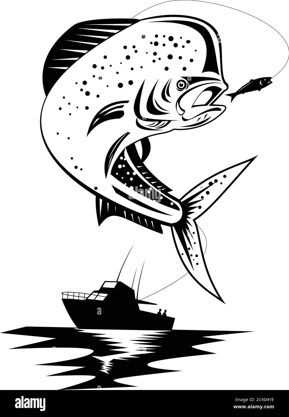 Illustration de style rétro d'un mahi-mahi, dorado ou dolphinish commun Coryphaena hippurus, un poisson à fini en rayon de surface, sautant avec bo de pêche Illustration de Vecteur