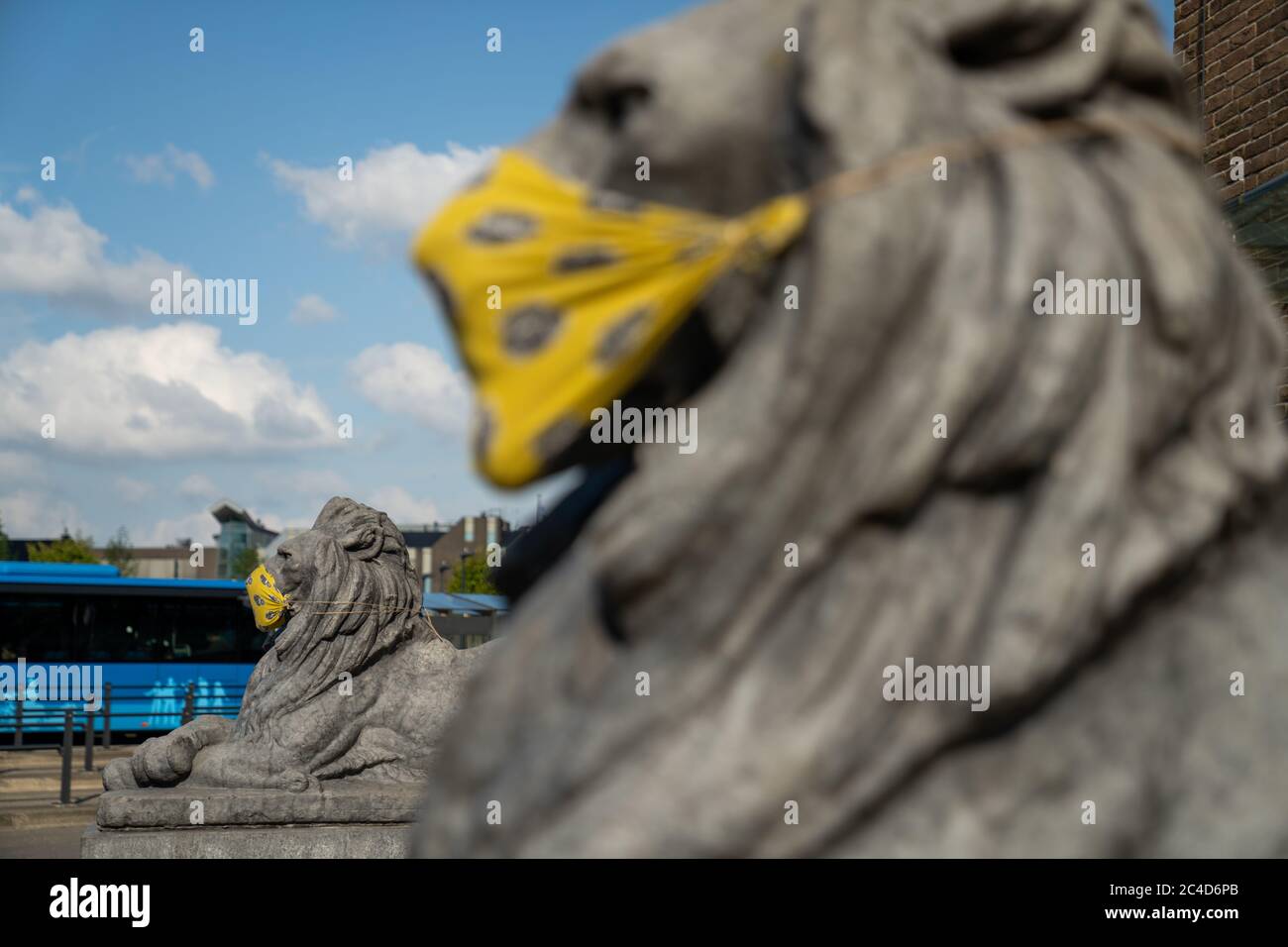 EMMELOORD, PAYS-BAS - 27 mai 2020 : les Lions de la gare routière d'Emmeloord sont ornés de masques jaunes faits à la main à cause du virus Corona p Banque D'Images