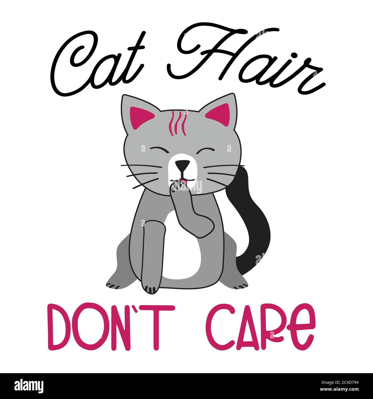 Texte « Don't Care » pour les cheveux de chat avec un joli personnage de chat. Idéal pour l'impression ou le Web. Il peut s'agir d'un T-shirt, d'une décoration d'intérieur, d'un papier peint, etc Illustration de Vecteur