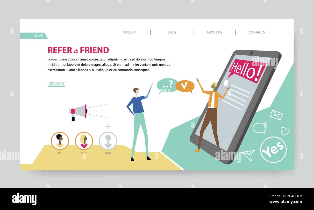 Recommander un ami, modèle de site web créatif, illustration vectorielle plate Illustration de Vecteur