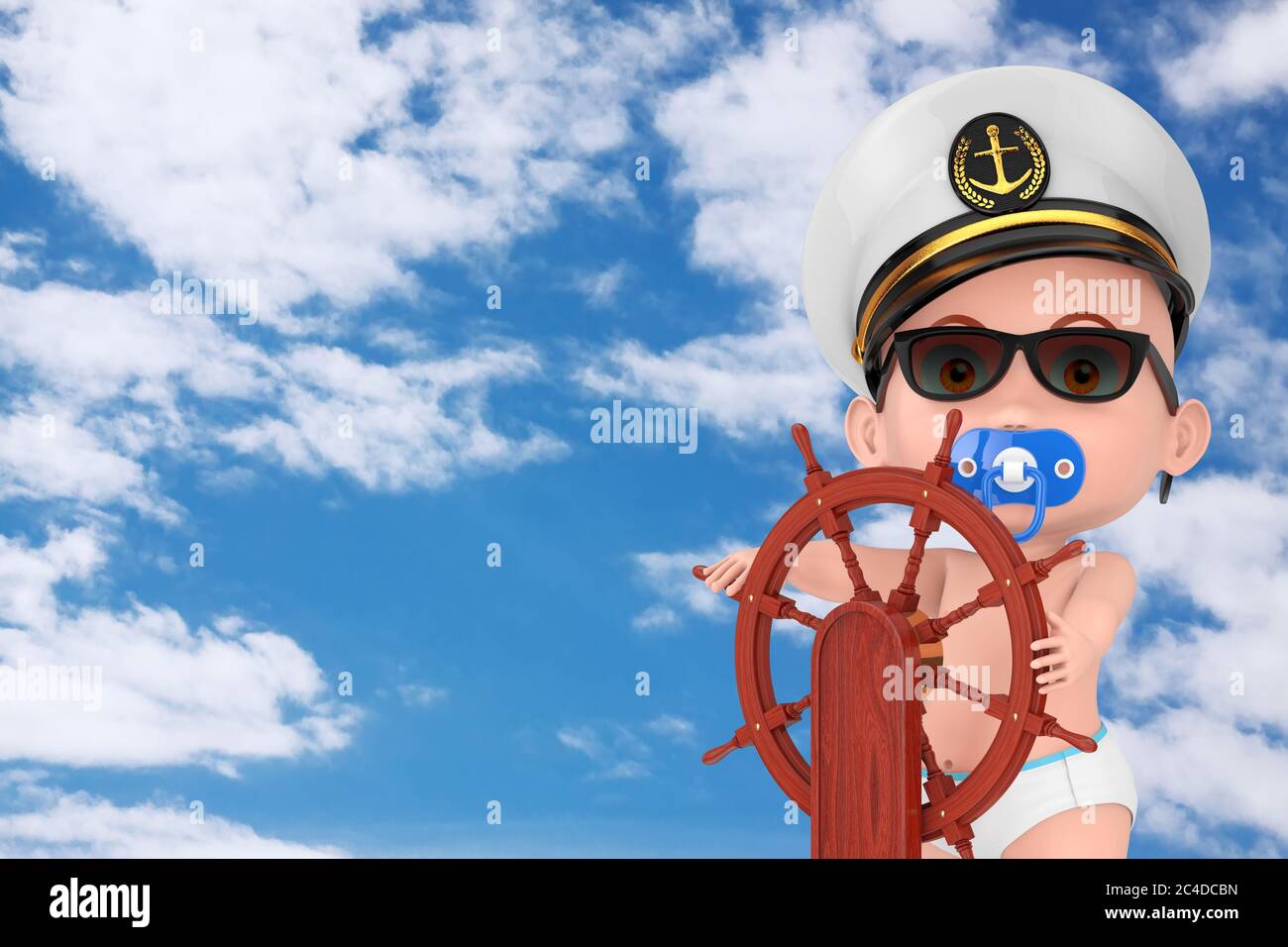 Concept De Petit Marin Ou Capitaine Dessin Anime Mignon Bebe Garcon Dans Officier De Marine Amiral Marine Navire Capitaine Chapeau Pres Du Volant De Bateau En Bois Avec Stand Sur Photo Stock