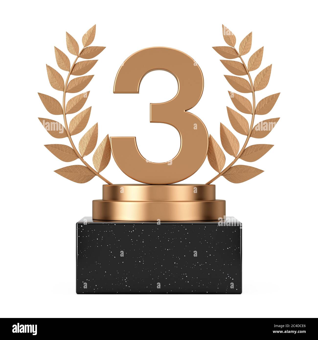 Lauréat Cube de prix Bronze Laurel Wreath Podium, scène ou piédestal avec le Bronzer Numéro trois ou troisième place sur un fond blanc. Rendu 3d Banque D'Images