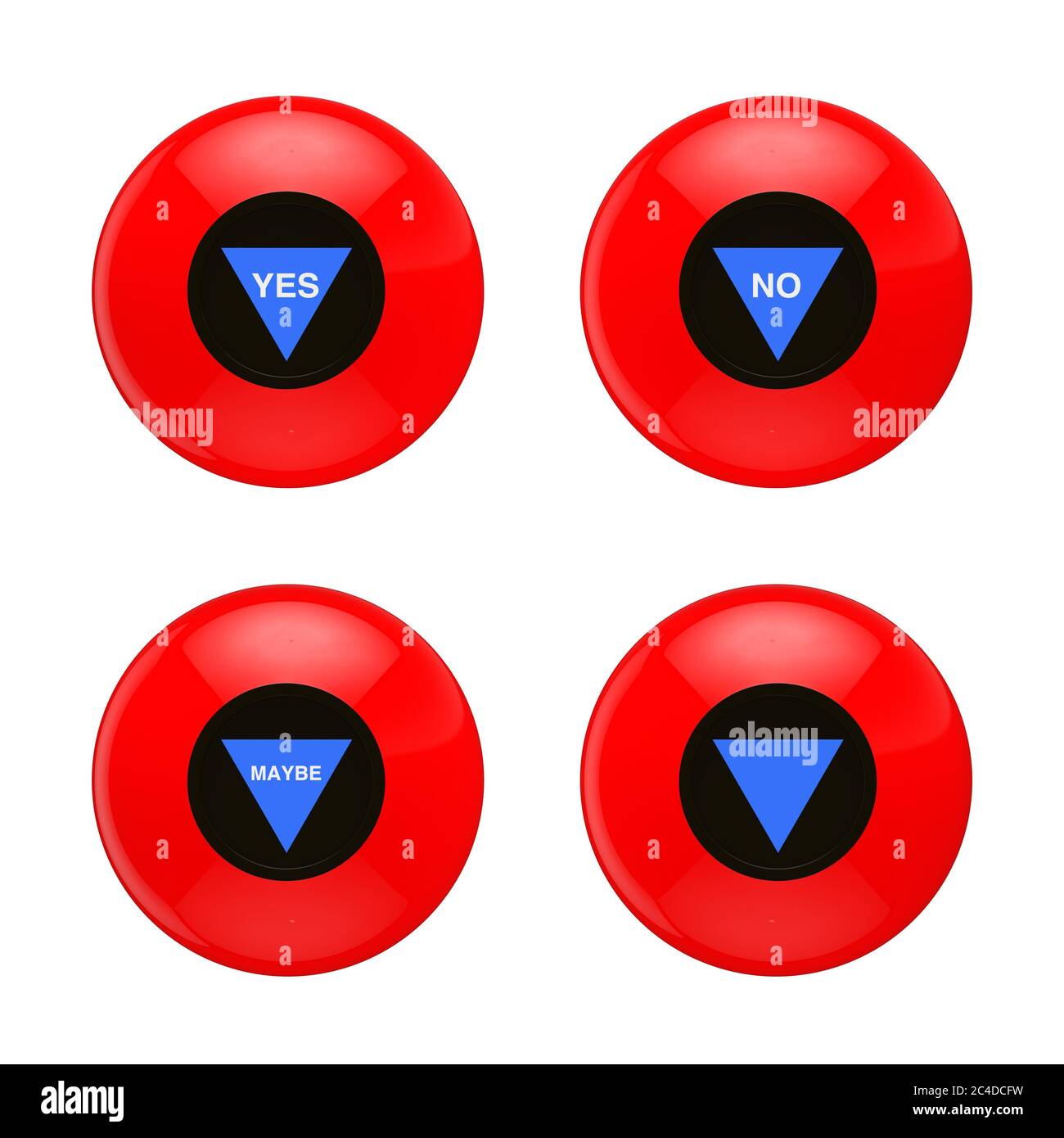 Magic ball rouge avec prédiction différente sur fond blanc. Rendu 3d Banque D'Images