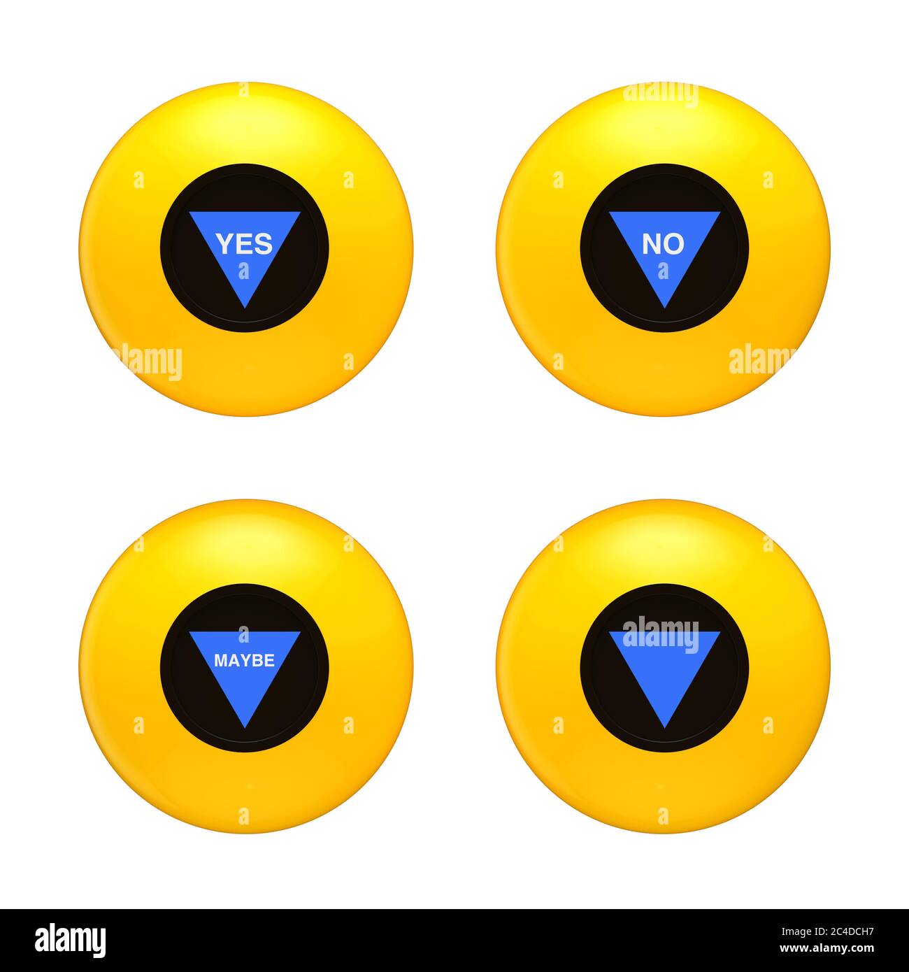 Magic ball jaune avec prédiction différente sur fond blanc. Rendu 3d Banque D'Images