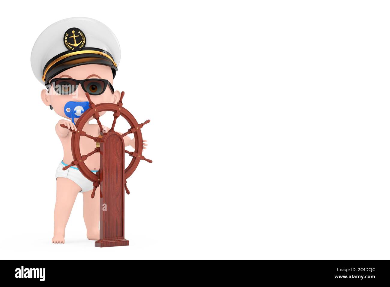 Concept De Petit Marin Ou Capitaine Dessin Anime Mignon Bebe Garcon Dans Officier De Marine Amiral Marine Navire Capitaine Chapeau Pres Du Volant De Bateau En Bois Avec Stand Sur Photo Stock
