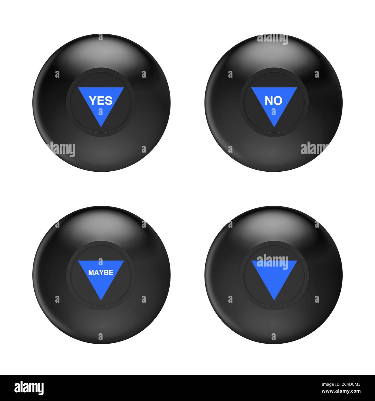Black Magic ball avec différentes prévisions sur fond blanc. Rendu 3d Banque D'Images