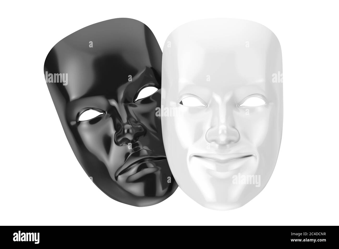 Blanc souriant Comedy et Black Sad Drama grotesque Theatre Mask sur fond blanc. Rendu 3d Banque D'Images