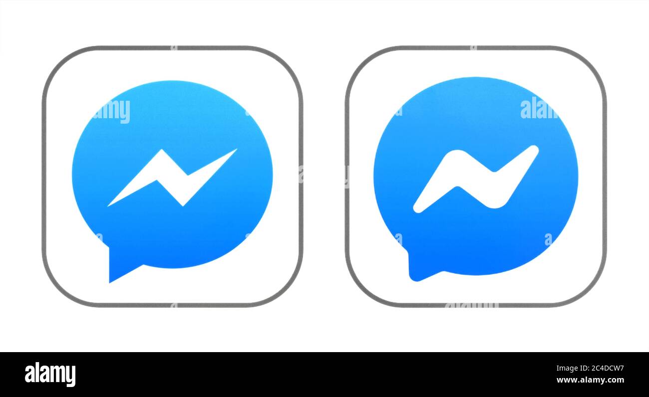 Kiev, Ukraine - 29 octobre 2019: Les anciennes et nouvelles icônes de Facebook Messenger, imprimé sur le livre blanc. Facebook est un service de réseautage social bien connu Banque D'Images