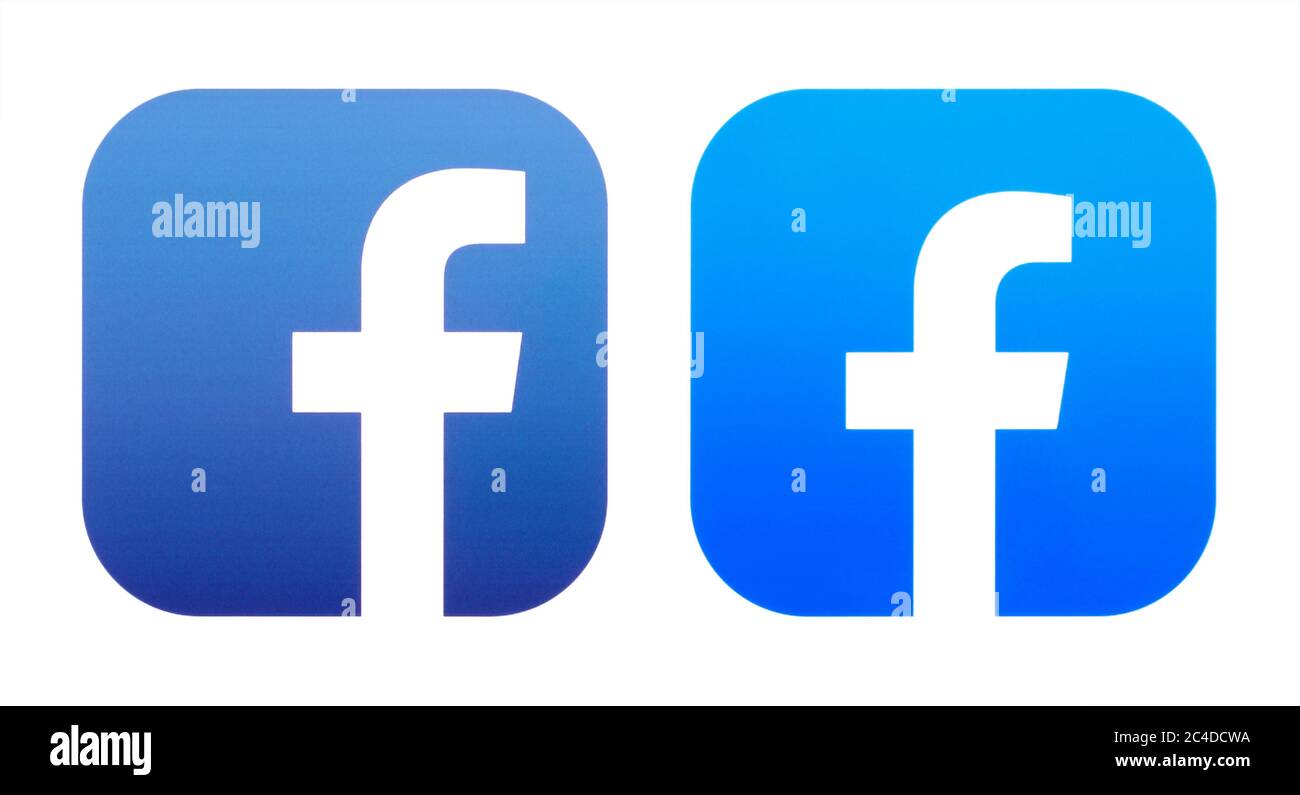 Kiev, Ukraine - 29 octobre 2019: Les anciennes et nouvelles icônes de Facebook App, imprimé sur le livre blanc. Facebook est un service de réseautage social bien connu Banque D'Images