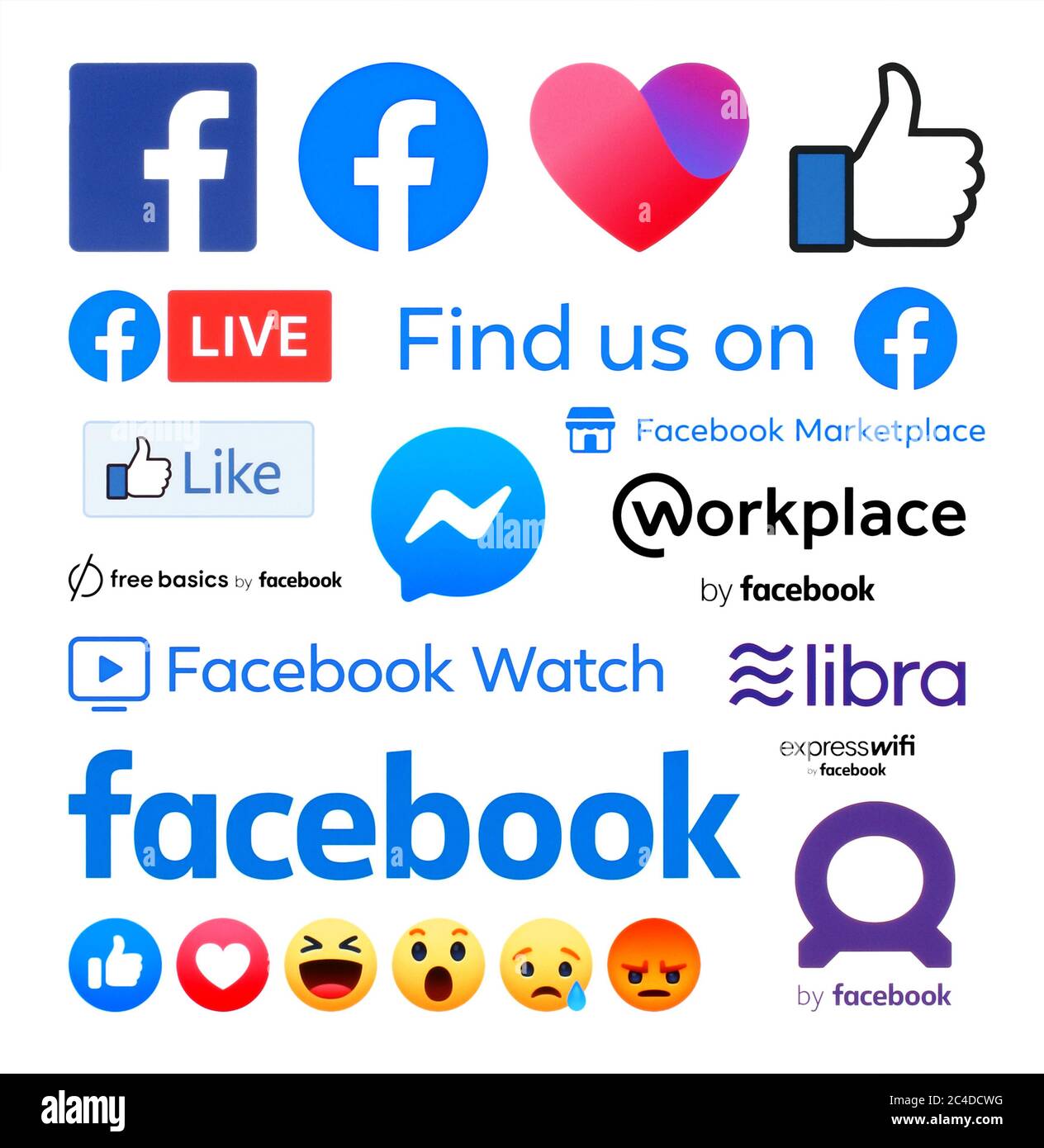 Kiev, Ukraine - 29 octobre 2019 : tous les nouveaux logos Facebook et ses applications sont imprimés sur le livre blanc. Facebook est un service de réseautage social bien connu Banque D'Images