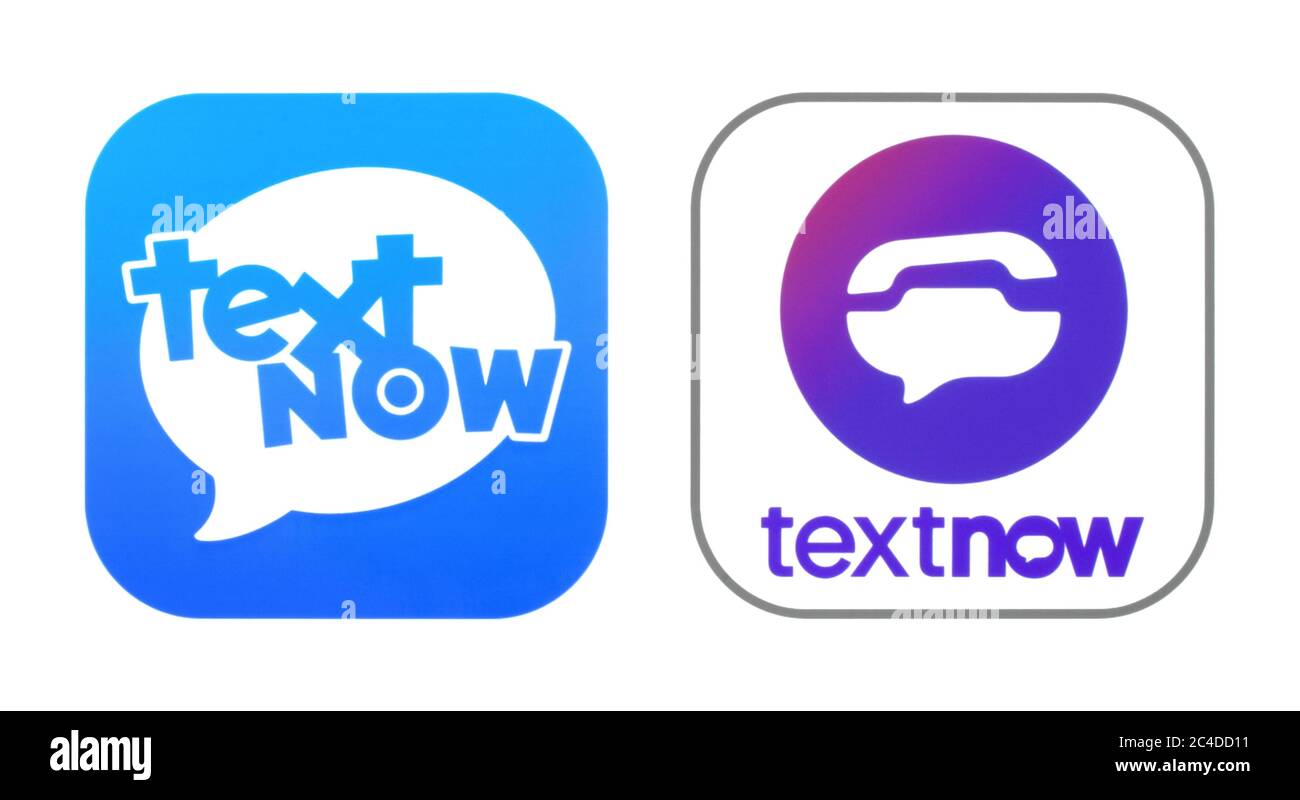 Kiev, Ukraine - 02 novembre 2019: Les anciennes et nouvelles icônes de TextNow sont imprimées sur du livre blanc. TextNow est un service téléphonique sans facture de téléphone Banque D'Images