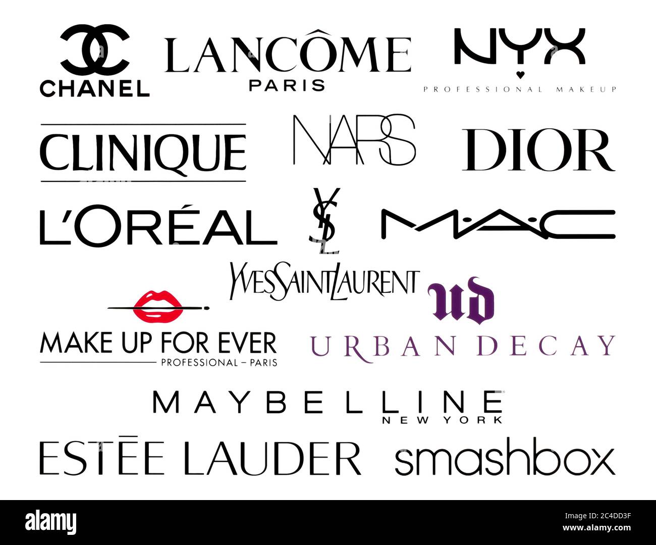 Kiev, Ukraine - 23 février 2020: Collection de logos des plus grandes entreprises mondiales de mode et de cosmétiques, telles que: Channel, Lancome, NARS, Dior, Lorea Banque D'Images