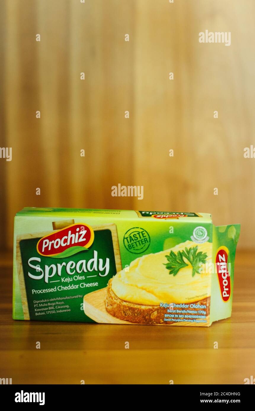 Éditorial illustratif de la marque indonésienne Prochiz et de son fromage cheddar traité Sprady isolé dans un fond de bois. Banque D'Images
