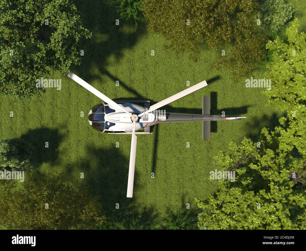 Un hélicoptère est debout sur l'herbe dans une vue de dessus. Hélipad dans la forêt parmi les arbres. Vue aérienne. Rendu 3D Banque D'Images