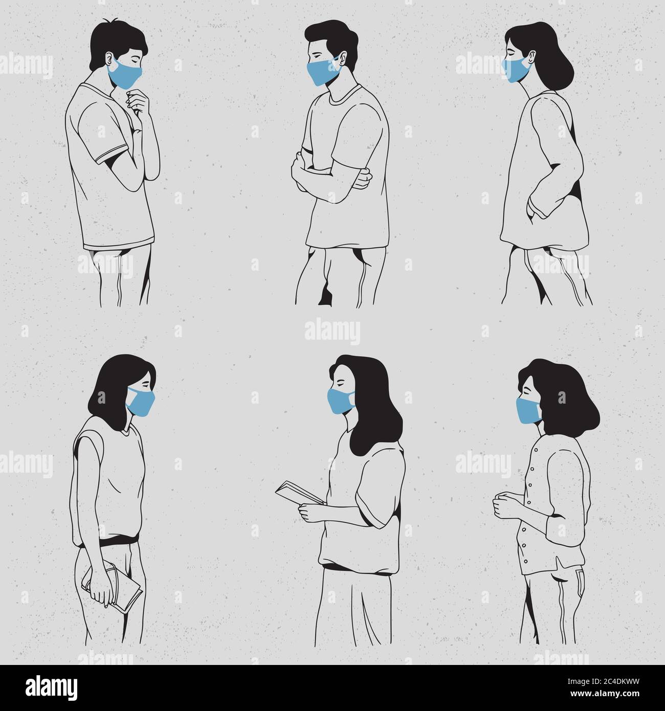 Les personnes portant un masque médical pour protéger contre les virus, la pollution atmosphérique urbaine, le smog, les vapeurs, l'illustration du vecteur d'émission de gaz polluants Illustration de Vecteur
